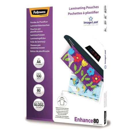 Pouches per plastificatrici Fellowes ImageLast Enhance80 finitura lucida - 2x80 µm - A4 - Conf. 100 pezzi - 5306114